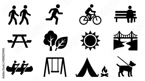 A comprehensive collection of black silhouette icons representing various park activities including hiking biking picnicking camping canoeing and leisure time in a public outdoor space