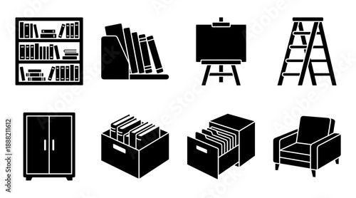 Collection of flat black silhouette icons representing home and office furniture items like bookshelves filing cabinets storage boxes step ladders and comfortable seating for interior design