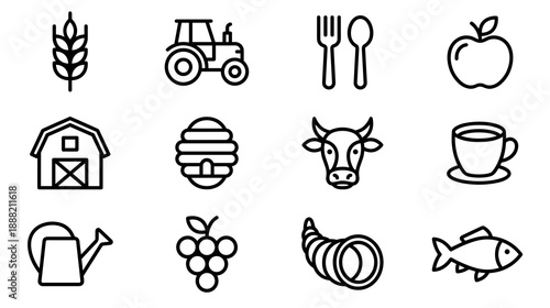 Collection of twelve black outline icons representing agriculture farming and food production including a tractor barn cow beehive wheat apple grapes and kitchen utensils