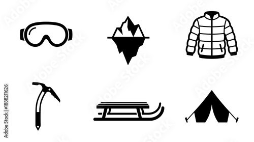 A collection of black and white winter sports and mountain climbing icons featuring protective goggles an iceberg a warm puffer jacket ice axe sled and tent