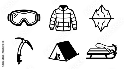 A collection of black and white linear icons representing winter outdoor activities mountain climbing gear arctic exploration equipment and cold weather clothing for adventure sports