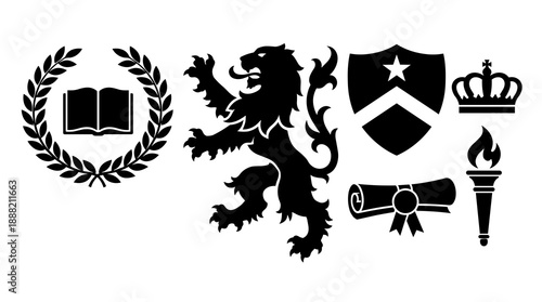 Collection of black silhouette icons representing education and heritage featuring a heraldic lion rampant laurel wreath with book shield crown diploma scroll and flaming torch