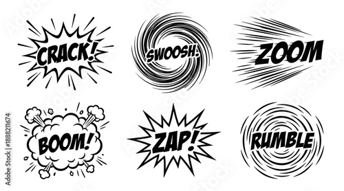 A collection of black and white comic book sound effect bubbles including crack swoosh zoom boom zap and rumble for graphic design and pop art projects