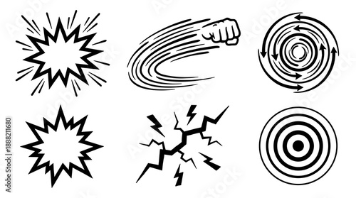 A collection of black and white comic style graphic elements featuring motion lines punch impact explosion bubbles lightning cracks and circular target symbols for design