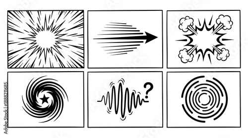 A collection of six hand drawn comic book style action effects including radial speed lines motion arrow explosion cloud vortex sound wave and hypnotic circles