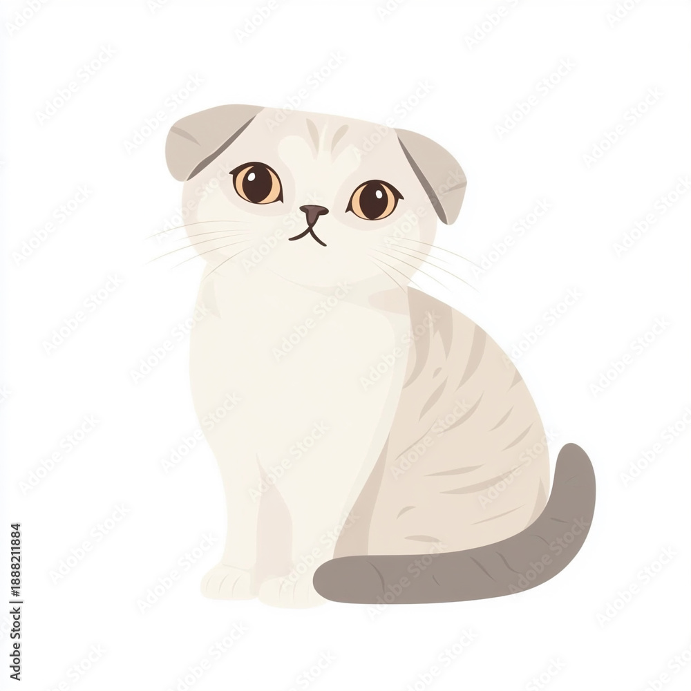 Obraz premium Cute Scottish Fold cat with rounded shapes on a white background. Soft pastel tones and a minimalist style create a gentle friendly look.