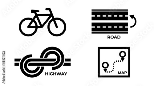 A collection of black and white minimalist icons representing travel and transport including a bike road lanes highway interchange and a map with location pins
