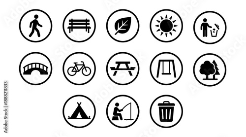 A collection of circular icons representing various park activities including hiking biking picnicking camping fishing and public amenities for map navigation and signage in parks
