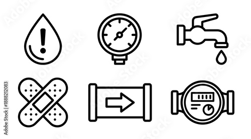 Set of black line icons for plumbing services featuring water drop warning pressure gauge tap repair bandage pipe flow direction and utility meter for monitoring