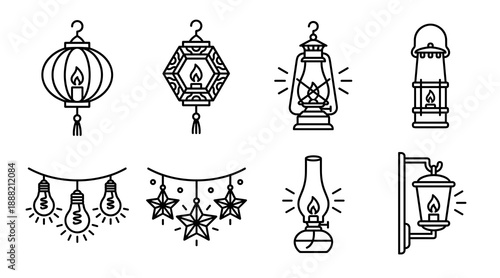 Collection of eight minimalist black and white line icons representing various lighting fixtures such as traditional oriental lanterns vintage oil lamps and decorative string lights