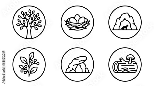 Minimalist black and white circular icons representing natural elements including a bird nest with eggs forest tree mountain cave wild berries and a fallen log