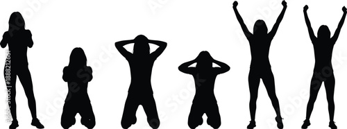 Female emotional reaction silhouette set showing stress, despair, relief, and celebration poses in black vector style for mental health, emotion, and lifestyle design