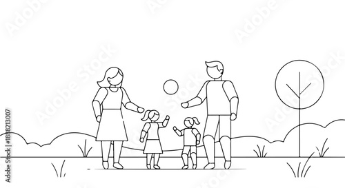 family outdoors illustration of parents and two kids enjoying quality time together in a park great for parenting and childhood concepts.