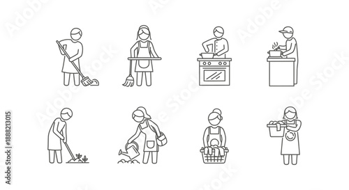 household chores icons depicting essential daily domestic tasks cleaning cooking gardening and laundry perfect for lifestyle graphics.