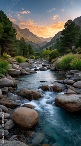 Scenic Mountain River Flowing Over Rocks During a Golden Sunset in a Pine Forest
