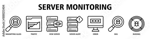 Server Monitoring web banner icon vector illustration concept with icons of magnifying glass analysis, traffic monitoring, server status, server alert, error detection, bug identification, and more.