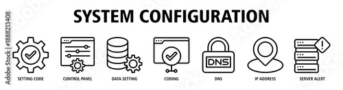 System Configuration web banner icon vector illustration concept with icons of setting code, control panel, data setting, coding process, DNS management, IP address, and server alert monitoring.
