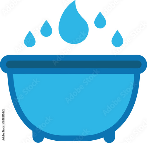Blue bathtub icon with falling water droplets illustration