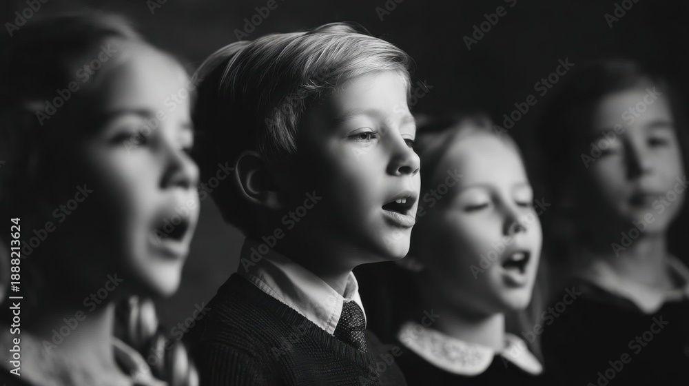 Obraz premium Children singing choir monochrome harmony performance.