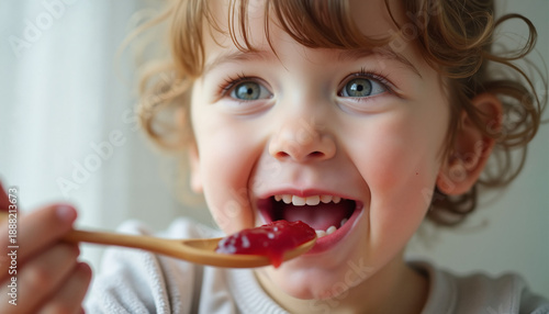 Happy young child enjoying jam with a wooden spoon indoors  