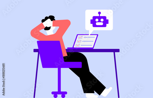 Man relaxing and artificial intelligence chatbot helping in work illustration