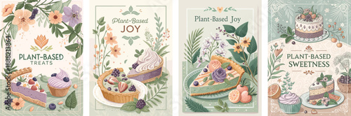 Colorful illustrated plant-based desserts, featuring fruits and flowers.
