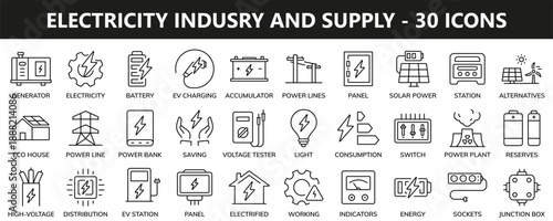 Electrical industry and power supply - vector editable line icons set.