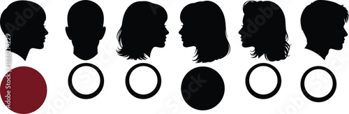 Black silhouette profiles of diverse human heads with circular markers representing identity, recognition, anonymity, and digital avatar concepts