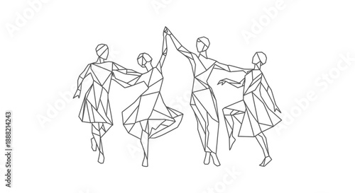 abstract dancers low poly style line art illustration depicting dynamic movement and performance ideal for modern graphic design and cultural event branding