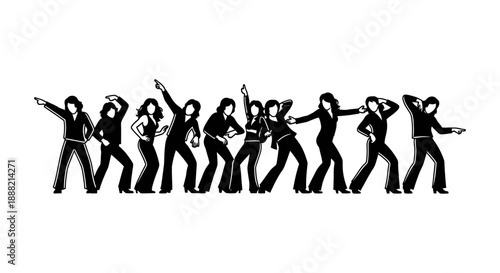 retro disco dancers women silhouettes celebrate with energetic poses on a dance floor ideal for entertainment and event promotion