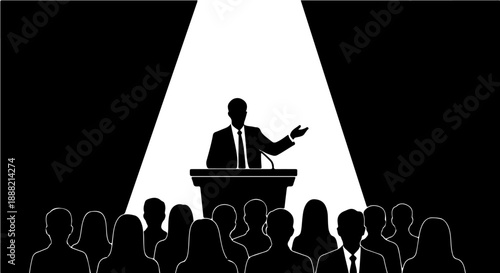 speaker silhouette addressing an audience at a business conference highlighting themes of leadership effective communication and public speaking engagement.