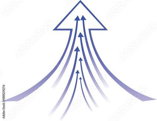 purple gradient arrows merging into single upward arrow showing business convergence unity and focused growth strategy isolated on white background.