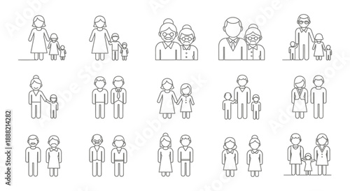 diverse family structures icon set illustrating relationships and people groups for inclusive social demographic studies and ui ux design concepts.