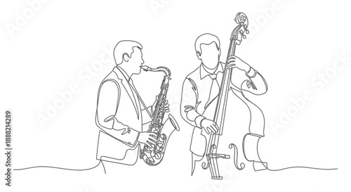 continuous line art jazz musicians playing saxophone and upright bass creating elegant music for concert posters and creative projects