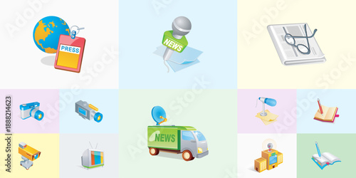 Collection of journalism and broadcasting icons including a green news van microphone newspaper with glasses press pass globe camera and television