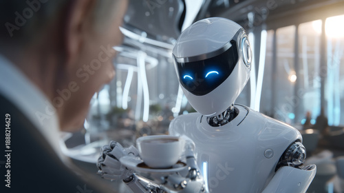 Wallpaper Mural Futuristic humanoid robot serving coffee to a man in a sleek modern cafe, showcasing advanced technology and human-robot interaction in a vibrant atmosphere Torontodigital.ca