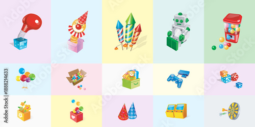 Collection of kids toys and party celebration icons including jack in the box robot gumball machine fireworks balloons game console dice and party hats
