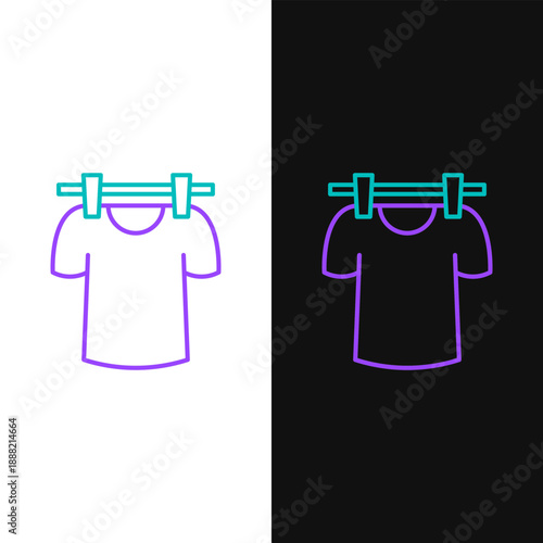 Line Drying clothes icon isolated on white and black background. Clean shirt. Wash clothes on a rope with clothespins. Clothing care and tidiness. Colorful outline concept. Vector