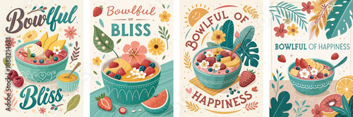 Colorful illustrations of bowls filled with fruits and flowers, evoking joy.