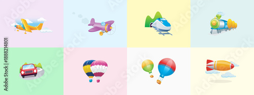 Collection of transportation and travel icons including yellow propeller plane high speed train steam locomotive red car hot air balloons and orange blimp
