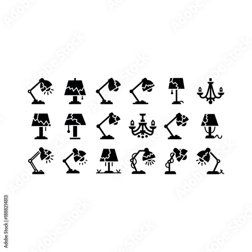 Collection of broken lamp icons in various styles and designs on white background illustration