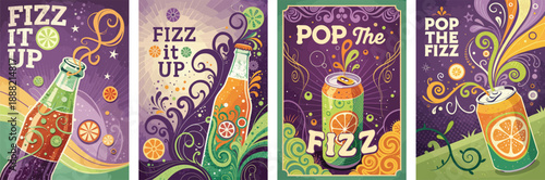 Colorful illustrations of fizzy drinks with vibrant designs and playful text.