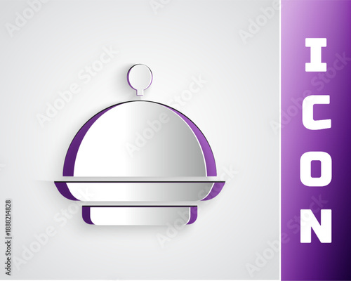 Paper cut Christmas covered with a tray of food icon isolated on grey background. Tray and lid sign. Merry Christmas and Happy New Year. Paper art style. Vector