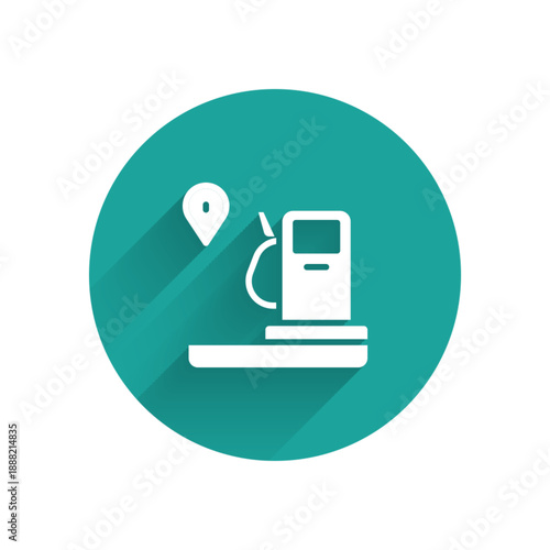 White Location and petrol or gas station icon isolated with long shadow. Car fuel symbol. Gasoline pump. Green circle button. Vector