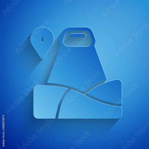 Paper cut Map pointer with mountain icon isolated on blue background. Mountains travel icon. Paper art style. Vector