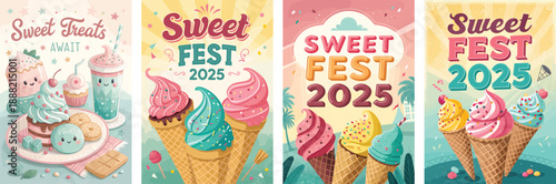 Colorful illustrations of ice cream and desserts for Sweet Fest 2025 promotional use.