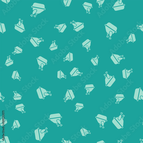 Green Roasted turkey or chicken icon isolated seamless pattern on green background. Vector