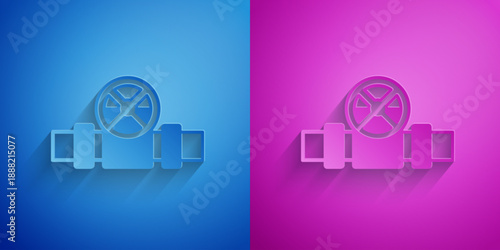 Paper cut Industry metallic pipes and valve icon isolated on blue and purple background. Paper art style. Vector