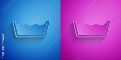 Paper cut Washing under 30 degrees celsius icon isolated on blue and purple background. Temperature wash. Paper art style. Vector