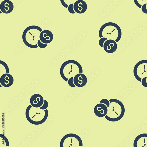 Blue Time is money icon isolated seamless pattern on yellow background. Money is time. Effective time management. Convert time to money. Vector